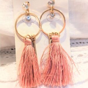Tassel Drop Hoop Earrings Pink Gold